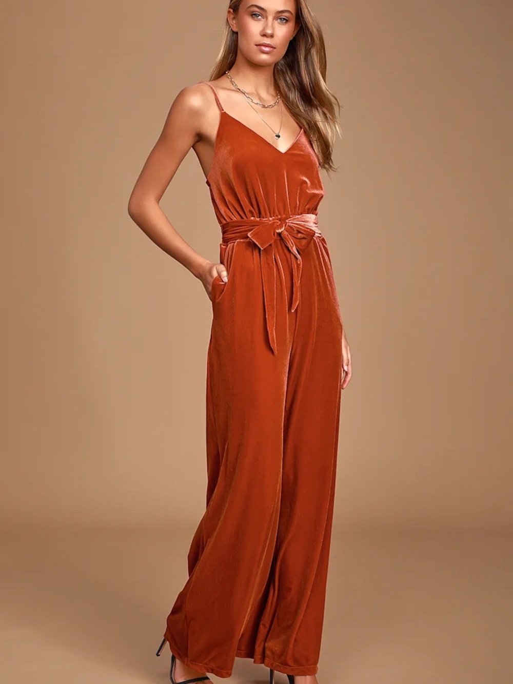 Forever 21 Rust Velvet Spaghetti-Strap Jumpsuit